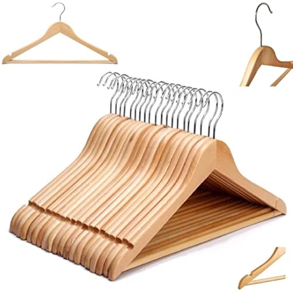 15 x Strong Natural Wood Wooden Coat Hangers with 360 Degree Rotatory Hook & Round Trouser Bar & Shoulder Notches - Durable Wardrobe Space Saver - Suitable for Coat, Jacket, Suit, Jumper