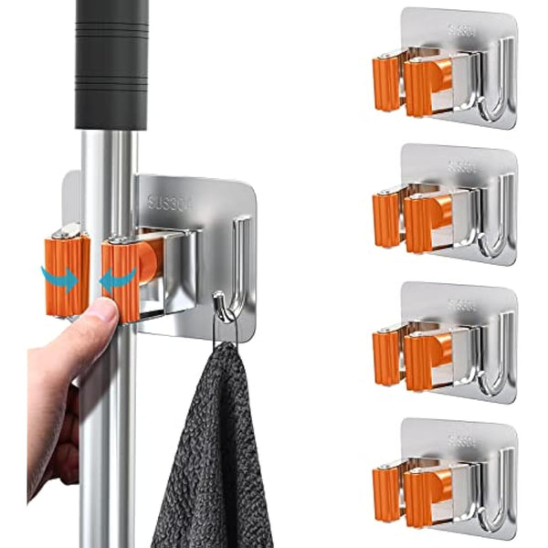 homeasy Mop Broom Holder, 4 Pcs Stainless Steel Self Adhesive Mop Holder Wall Mounted with Hooks Hanger Self-Adhesive Broom Holder (Orange)