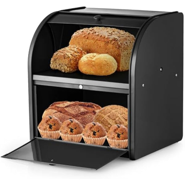 Esilihom Bread Bin, Bread Bins for Kitchen, 2-Layer | Large | Roll Top | 30 x 24.5 x 32.5cm, Black