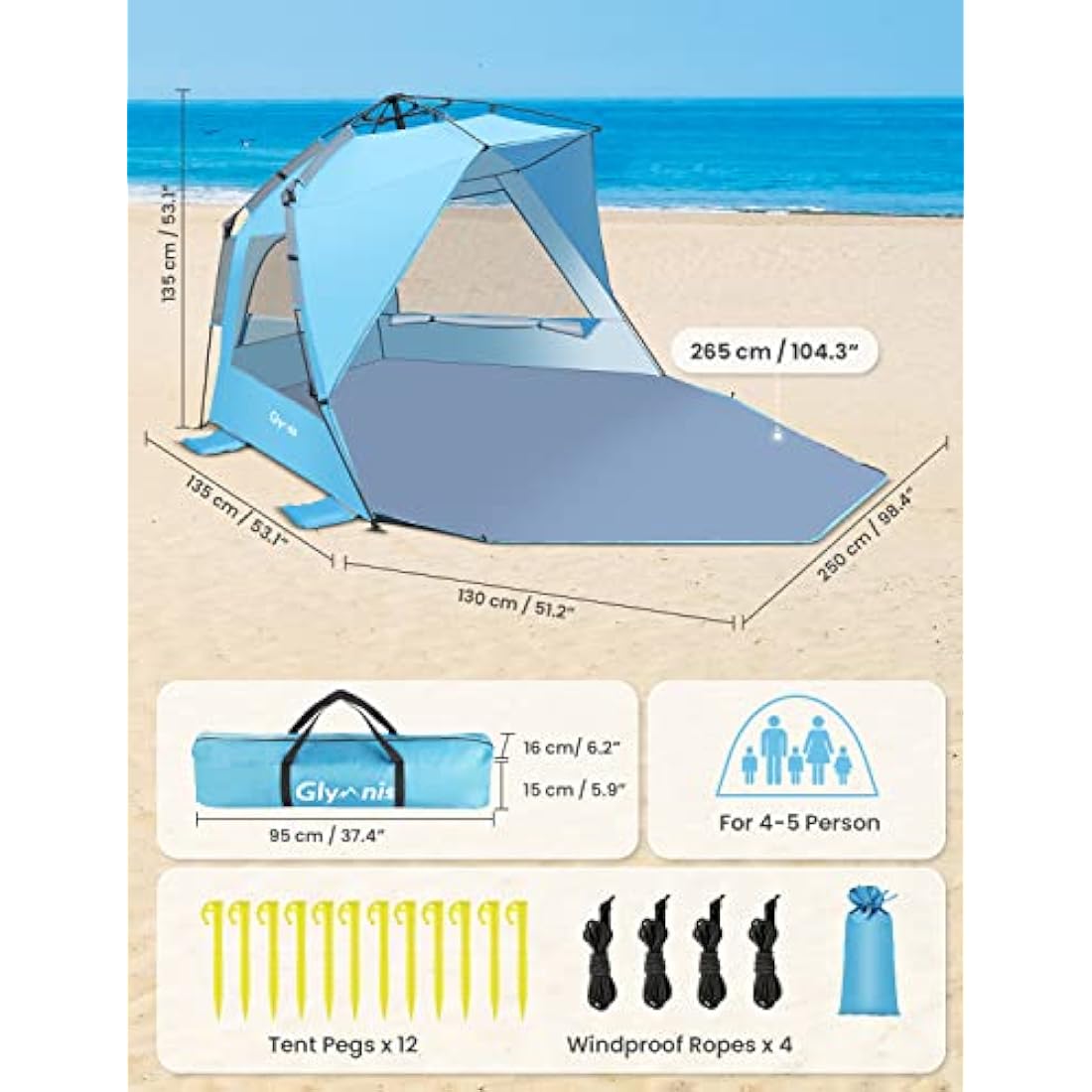 Glymnis Pop Up Beach Tent Large for 4-6 Person, Instant Pop Up Automatic Beach Tent UV Protection Sun Shelter, Easy Setup Umbrella Tent for Family Picnic