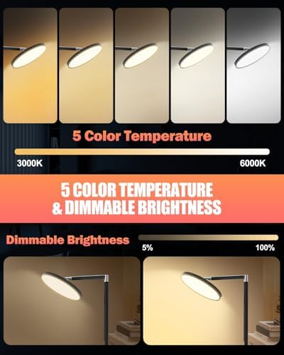 KALAHOL LED Uplighter Floor Lamp, Remote Touch Control & 1 Timer, Dimmable 112LEDs 5 Colour Temperatures 9 Brightness Levels 360° Rotatable Reading Standing Lamp for Living Room Study Office (Black)