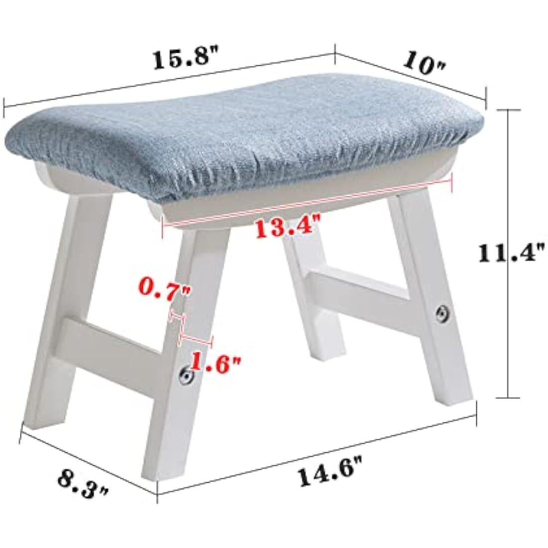 Aibiju Wooden Footstool, Foot Stool Ottoman Pouffe Padded Chair Stool with Removable Cover 4 Beech Legs Suitable for Bedroom, Living Room and Kitchen, (White leg + Blue cushion), YDEU-1357