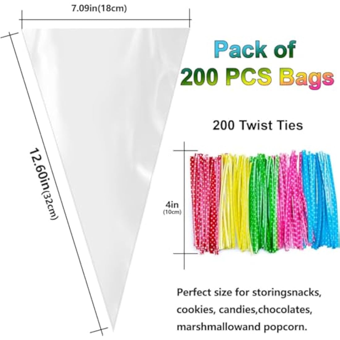 FOLKSNSHOPS 200pcs Sweet Cone Bags 32x18cm Clear Cone Bags, Sweet Bags, Cellophane Cone Bags with Ties for Party Supplies, Sweets, Biscuits Displaying & Wrapping on Birthday Parties and Festivals