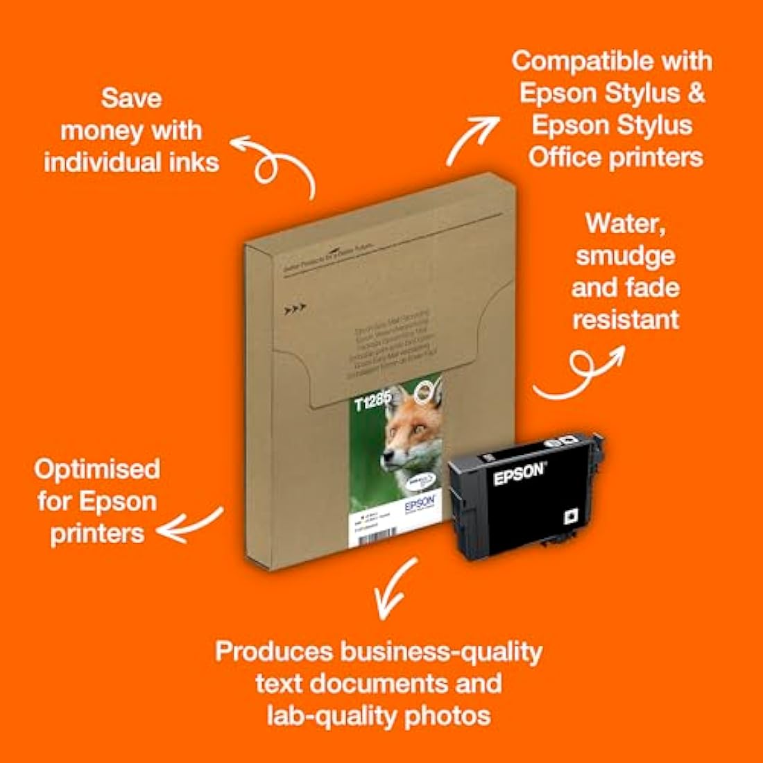 Epson T1285 Fox Genuine Multipack, Eco-Friendly Packaging, 4-colours Ink Cartridges, DURABrite Ultra Ink