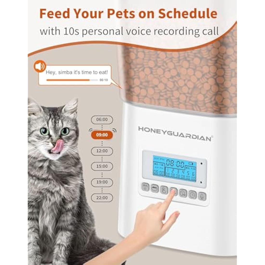 HoneyGuaridan Automatic Cat Feeders for 2 Cats, 3.5L Cat Food Dispenser with Double Bowls,Two Way Splitter Cat Feeder for Dry Food,Programmable 1-6 Meals Control, Dual Power Supply