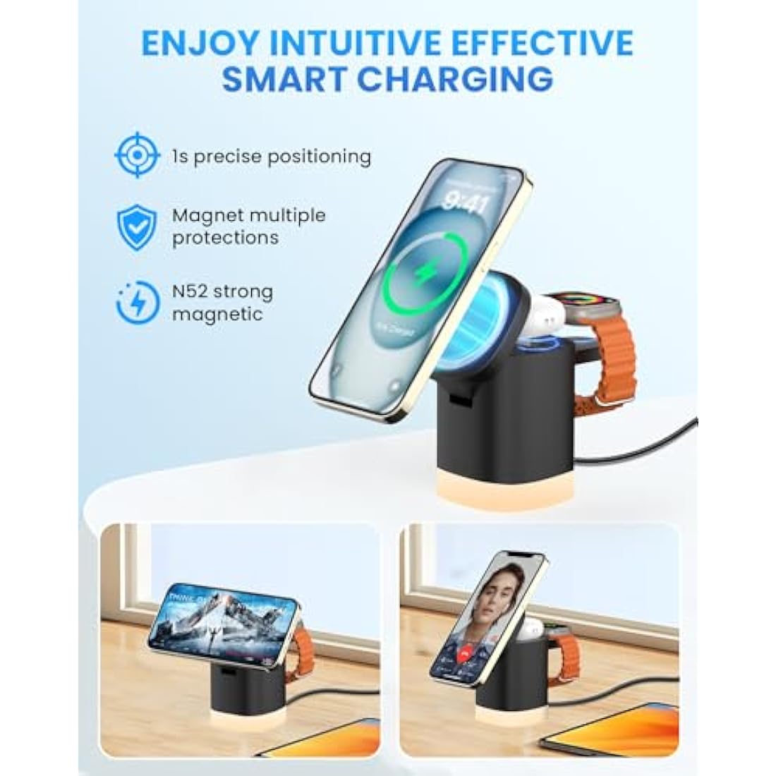 JoyGeek 3-in-1 Charger Stand for Magsafe, Foldable Wireless Charging Station with Night Lights, Magnetic Charger Dock for iPhone 16/15/14/13/12 Pro/Max, AirPods 4-2, Apple Watch 2-10/Ultra (Black)