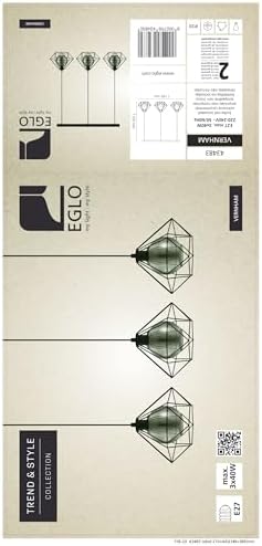 EGLO Vernham Pendant Light, 3-Bulb Pendant Lamp, Vintage, Industrial, Retro, Pendant Light Made of Steel and Smoked Glass, Black, Dining Table Lamp Hanging with E27 Socket