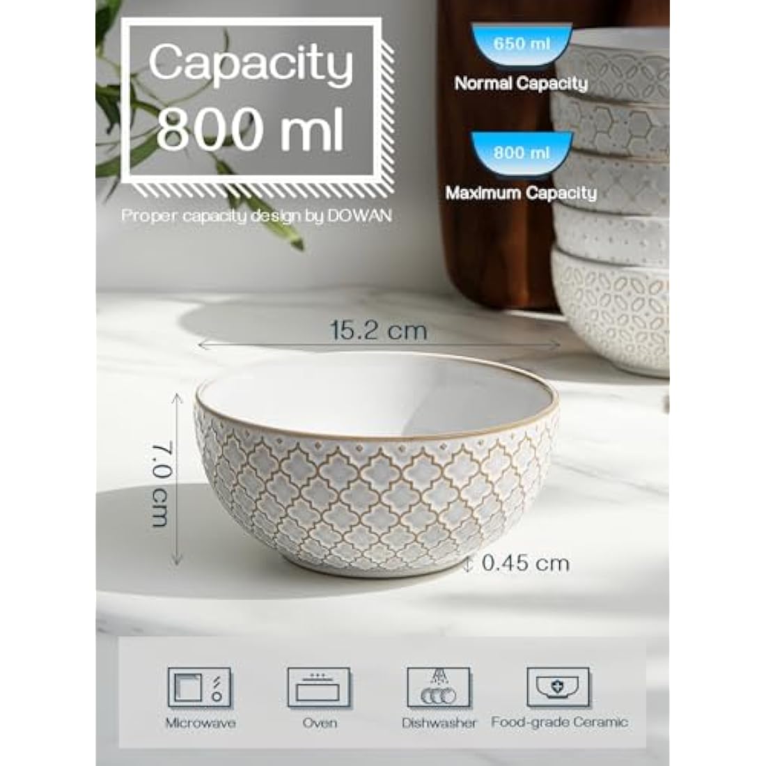 Dowan 800ml Cereal Bowls Set of 6, 15.2cm Embossed Deep Bowls for Meals - Salad, Oatmeal, Soup, Noodle & Ramen Dishes - Microwave & Dishwasher Safe - Vintage White