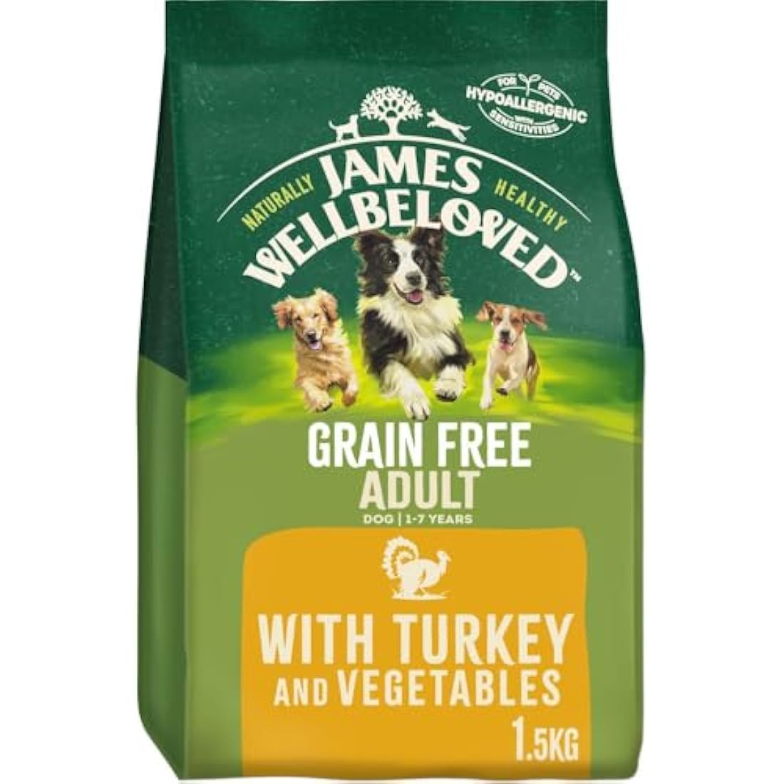 JAMES WELLBELOVED Hypoallergenic Grain Free Adult Dry Dog Food - 1.5 kg - Turkey & Vegetables - Bulk Dry Dog Food Pack