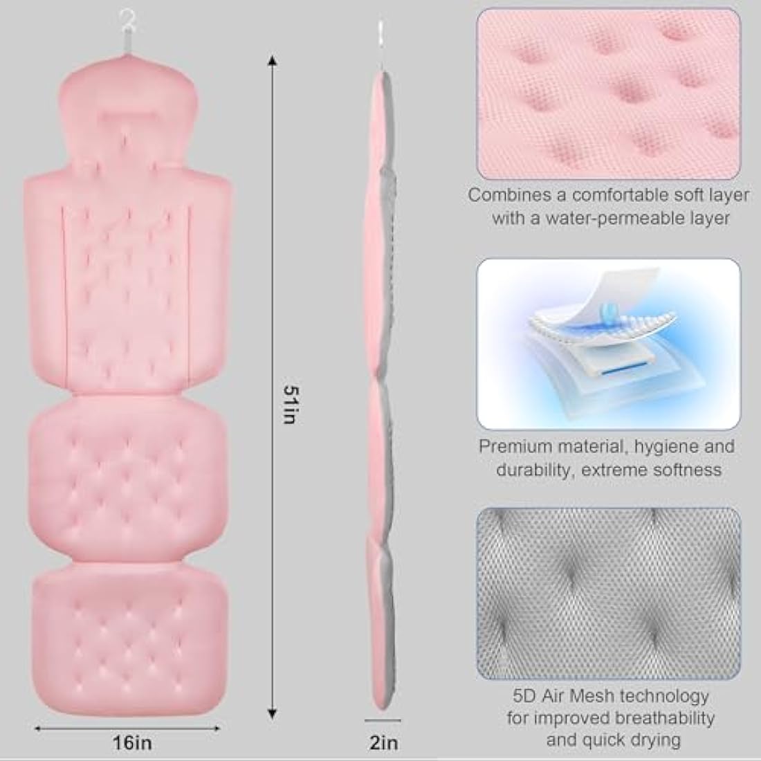 Full Body Bath Pillow, Luxury Bath Cushion with 192 Suction Cups, Bath Pillows for Tub for Head and Neck Support, with Laundry Bag Pink, 51" x 16"