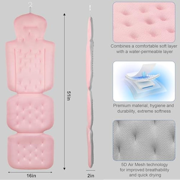 Full Body Bath Pillow, Luxury Bath Cushion with 192 Suction Cups, Bath Pillows for Tub for Head and Neck Support, with Laundry Bag Pink, 51" x 16"