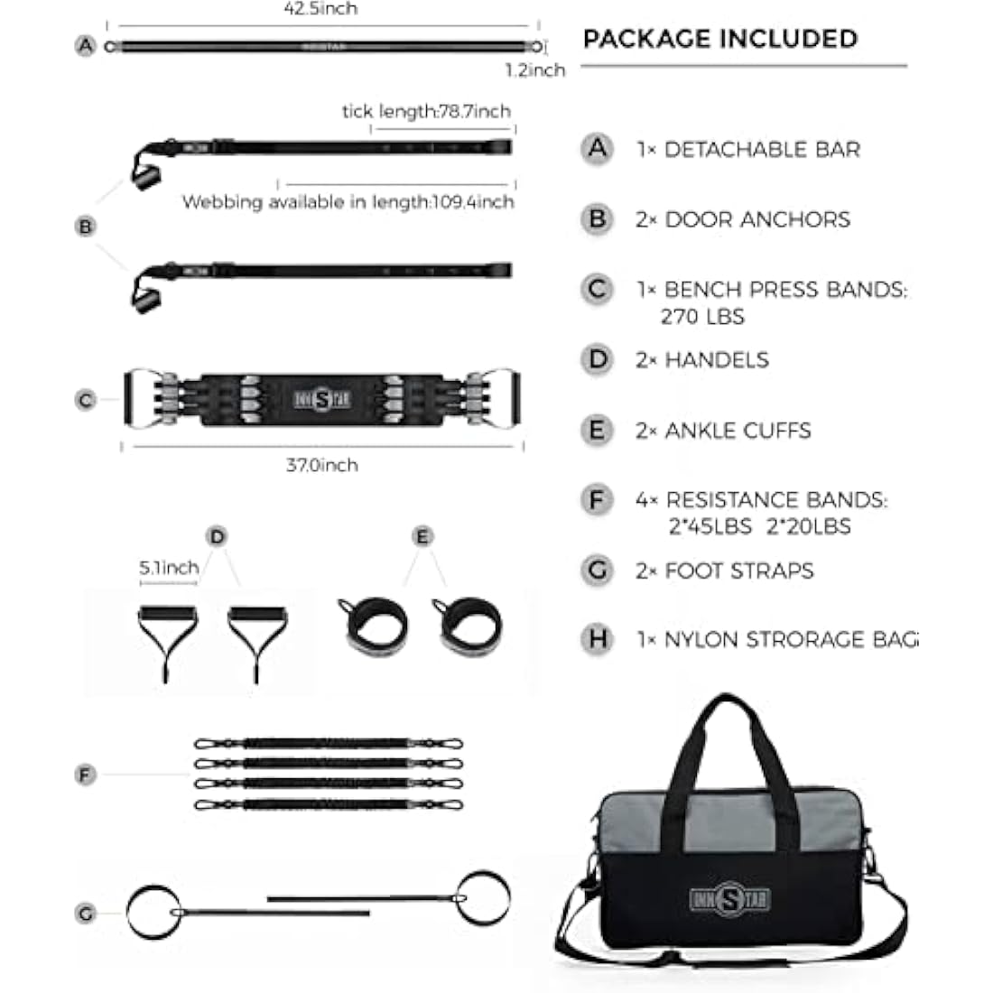 INNSTAR Upgraded Portable Home Gym 5.0, Adjustable Bench Press Resistance Bands,Full Body Workout Strength Training Equipment with Detachable Fitness Bar, Handles,for Home,Travel,Gym