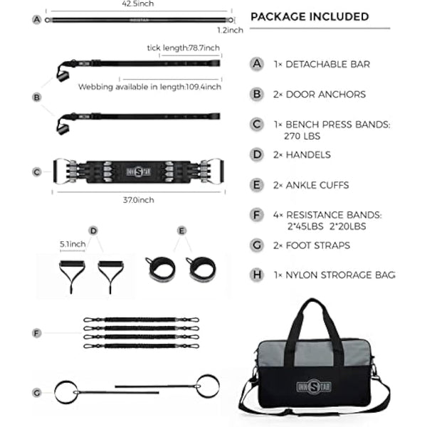 INNSTAR Upgraded Portable Home Gym 5.0, Adjustable Bench Press Resistance Bands,Full Body Workout Strength Training Equipment with Detachable Fitness Bar, Handles,for Home,Travel,Gym