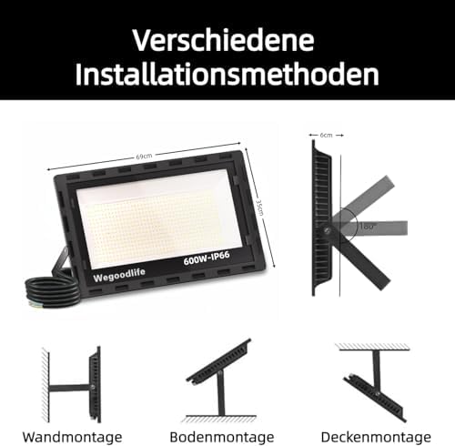 Wegoodlife 600W LED Outdoor Spotlight, Super Bright 60000LM, 6500K Cool White, IP66 Waterproof Floodlight, 50cm Cable, Outdoor Light for Garden, Backyard, Hallway