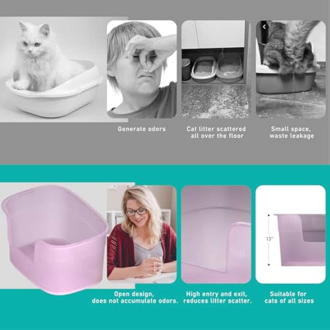 Extra Large Cat Litter Tray, 63cm x 45cm x 33cm Deep, Easy Cleaning, Lowered Entry, Anti-Spillage, Transparent Purple