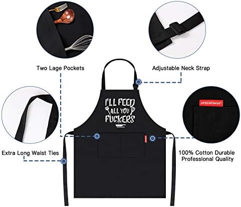 APRONPANDA I'll Feed All You - Funny Black BBQ Chef Aprons for Men Women with 2 Pockets - Gifts for Men, Birthday Gifts for Husband, Son, Boyfriend- Kitchen Cooking Grilling Apron