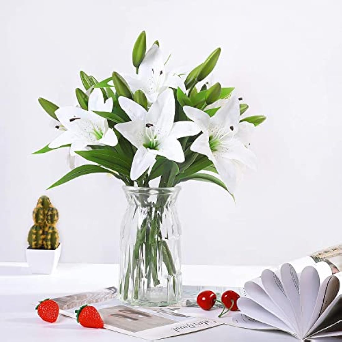 Olrla White Artificial Lily Flowers 6 pcs, Easter Lily, Waterproof Fake Flowers for Graveside Wedding Party Bathroom Garden Decor