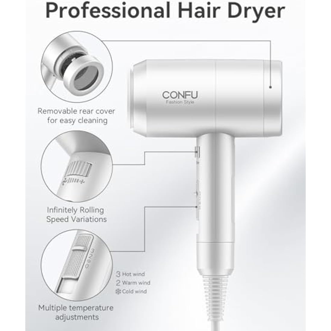 CONFU 1800W Hair Dryer, Ionic Hair Blow Dryer, Lightweight Hair Dryers with Cool Shot Button & Diffuser & Concentrator for Travel Salon Home Use (White)