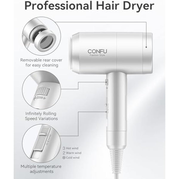 CONFU 1800W Hair Dryer, Ionic Hair Blow Dryer, Lightweight Hair Dryers with Cool Shot Button & Diffuser & Concentrator for Travel Salon Home Use (White)