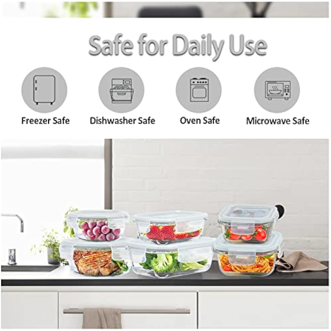 ROSOS Glass Food Storage Containers with Airtight Lids, 6 Pack Super Leak Proof Glass Containers with Lids, Not Easy Broken & BPA Free, Glass Food Containers for Freezer to Oven Safe, Grey