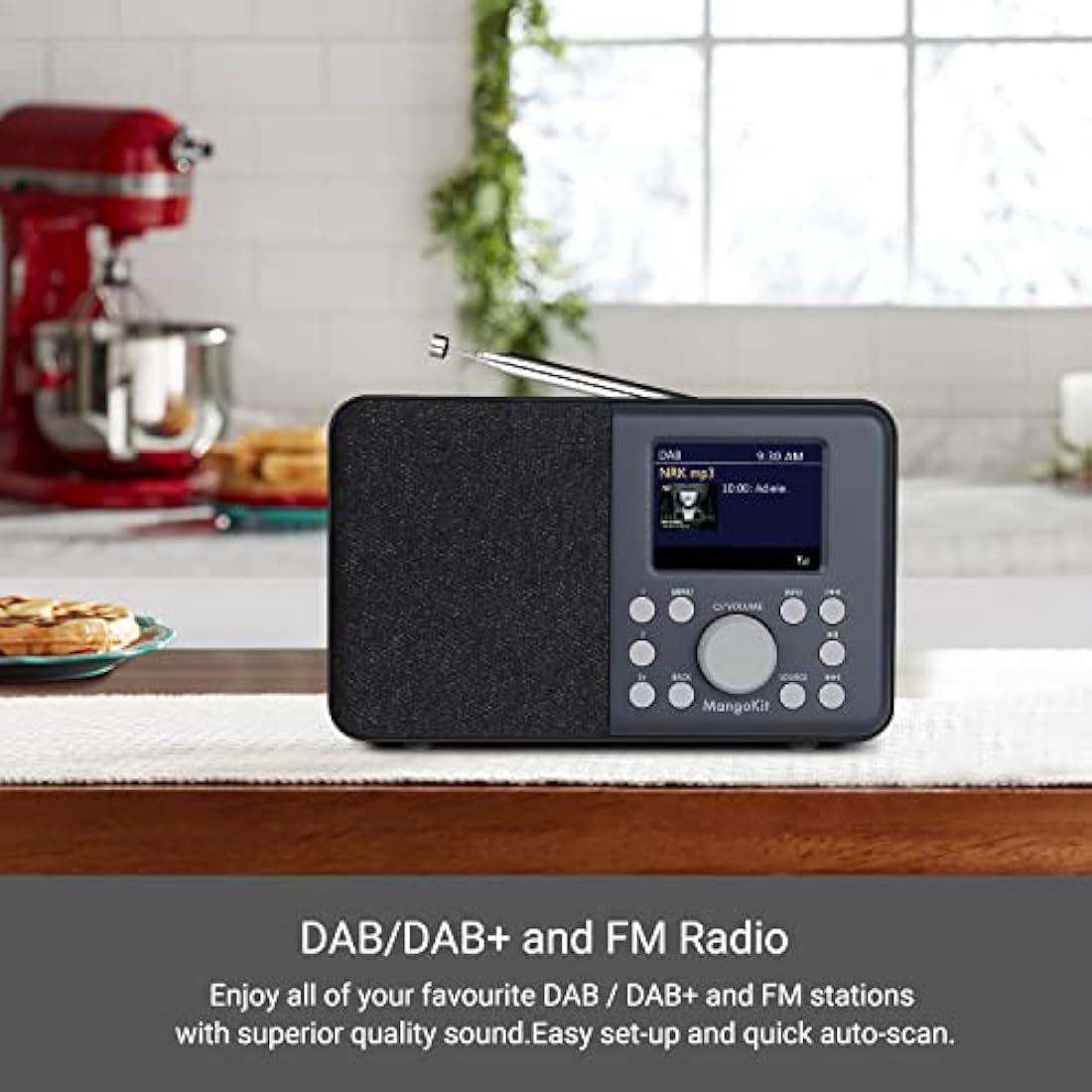 MangoKit MD3 DAB Radio with Bluetooth, Portable DAB+ Digital Radios, Kitchen FM Radio w/Color Display,40 Preset Stations,Alarms and Clock,Snooze Timer, DAB Radio Mains and Battery Powered -Dark Grey