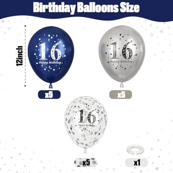 16th Birthday Decorations Boys, Pack of 15 Happy 16th Birthday Balloons Latex Helium Navy Blue Silver Confetti Balloons for Age Sixteen 16 Years Old Birthday Party Decorations Celebration Supplies