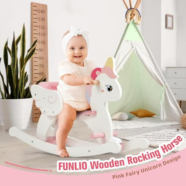 FUNLIO Wooden Unicorn Baby Rocking Horse Ages 0.5-3, Cute Baby Rocking Horse with Safety Belt & Backrest, Easy to Assemble Toddler Ride on Toys, CPC & CE Certified - Pink