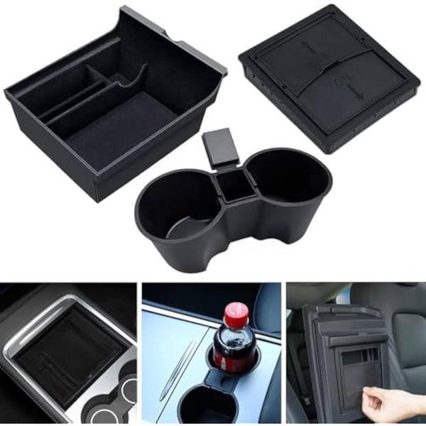 Center Console Organizer Tray + Armrest Hidden Storage Box + Cup holder 3 PCS for Tesla Model 3 Model Y 2023 2022 2021, Car Interior Flocked Hidden Cubby Drawer, Drink Holder