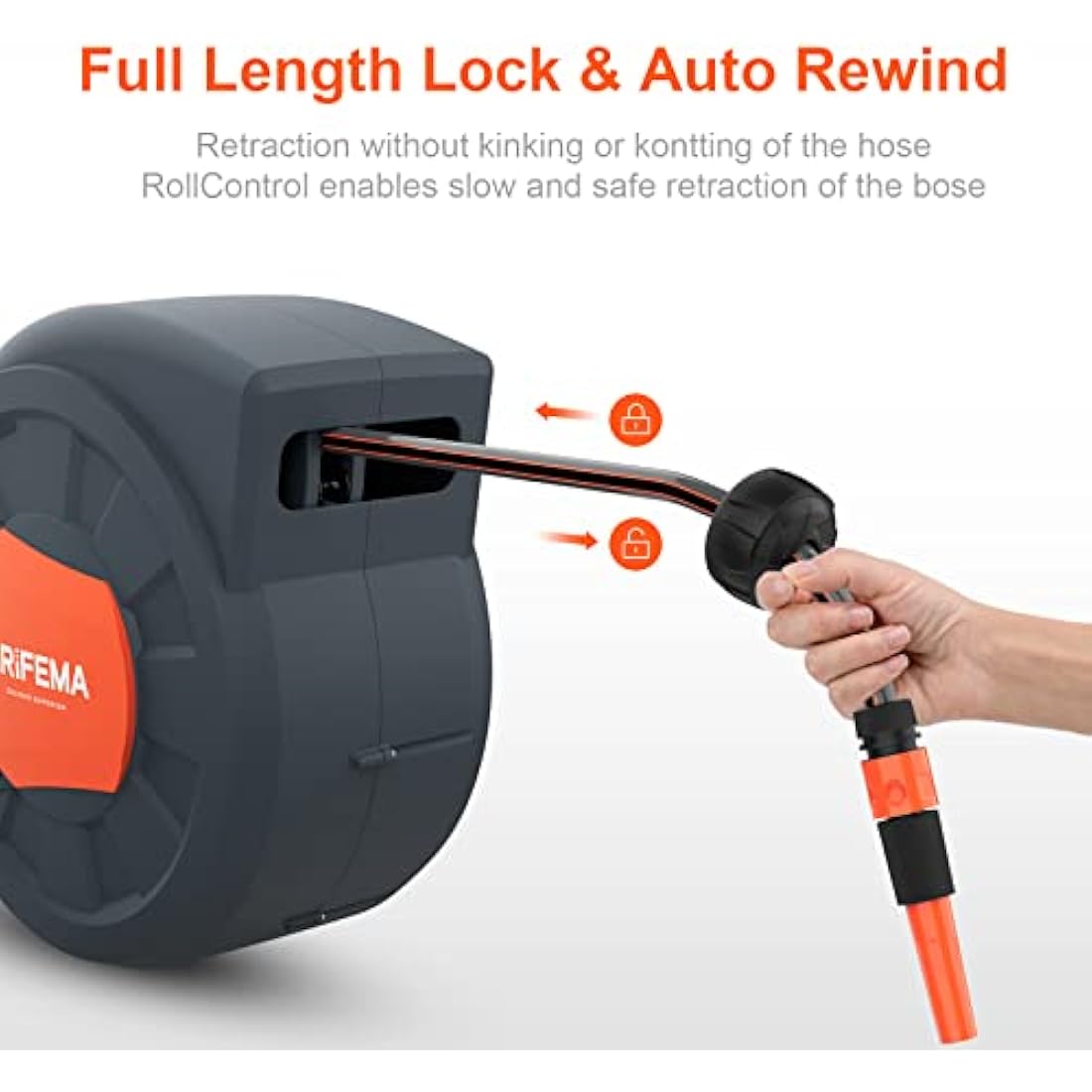 GRIFEMA G301-35 Garden Hose Reels Wall Mounted, 35M+2M Hose Pipes Reel for Garden, 180° Rotate, Retractable, Automatic Rewind with Adjustable Nozzle, Grey