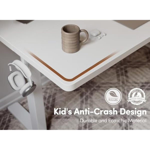 FEZIBO Electric Height Adjustable Standing Desk, 60x140cm Ergonomic Home Office Table with Splice Board & White Wood Grain Surface, Upgraded Stable Steel Frame for Sit-Stand Workstation