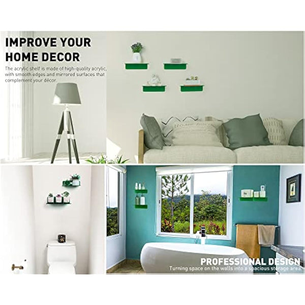 OAPRIRE Acrylic Floating Wall Shelves Set of 2 - Easily Expand Wall Space - Small Shelf for Bathroom, Bedroom, Kitchen, etc - with Cable Clip, Drill-free installation, 9 Inch - Emerald Green