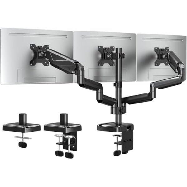 ELIVED Triple Monitor Arms - Adjustable Gas Powered Desk Mount for 3 Monitors - 13-27 Inch, VESA 75x75/100x100, C-Clamp and Grommet Base