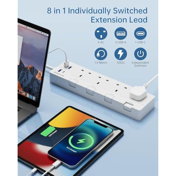 AICODE 4-Way Extension Lead With USB Slots, Surge Protected, 1.5M Extension Cable, Individual Switches, 1 USB C & 3 USB A Ports, Multi Plug Adapter Socket, Wall Mount for Home, Office White