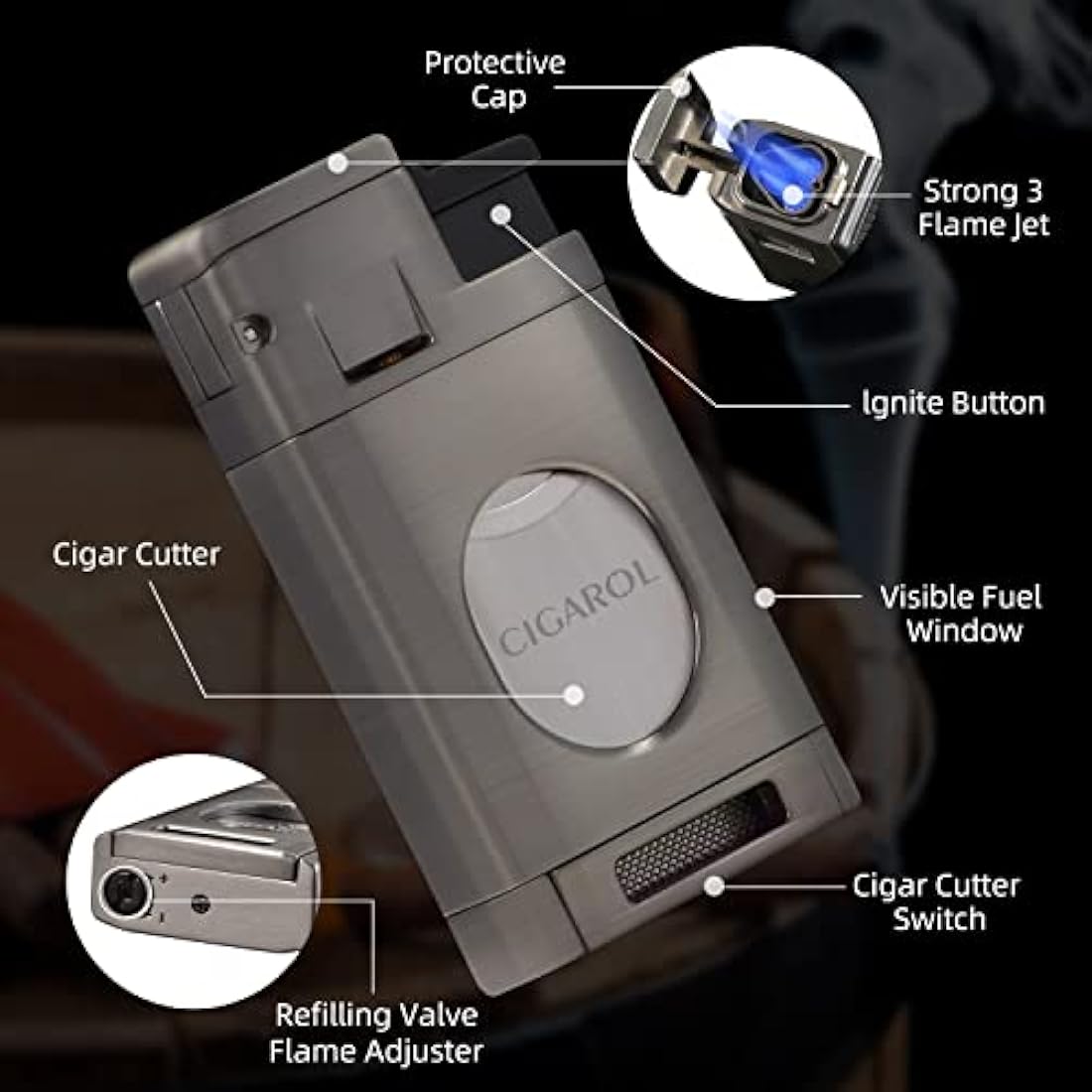 6-Finger Cigar Travel Humidor Cigar Case with Triple Flame Cigar Lighter, Leather Cigar Box with Round Humidifier, Cigar Punch and Dropper, Cedar Wood Humidor Cigar Box Gift Box Storage Box（Black）