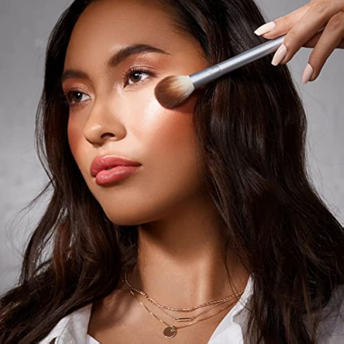 EcoTools Precious Metals Cheek & Eye Highlight Makeup Brush Kit, for Eyeshadow, Blush, & Powder Products, Eco Friendly, Vegan, Cruelty Free Face Brushes, Recycled Aluminum, Chrome, 4 Piece Set