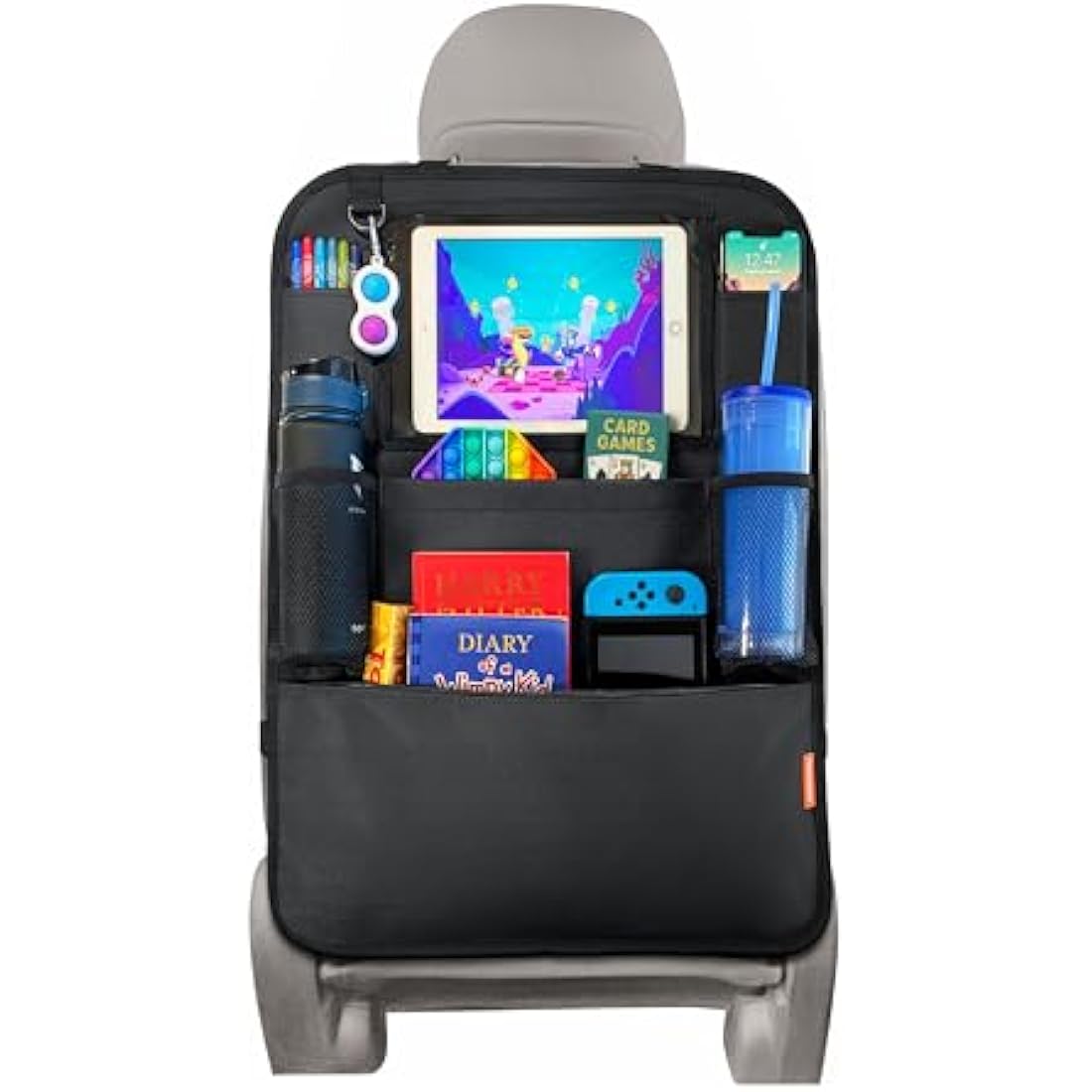 Huckaboo Car Seat Organiser - Kids Back Seat Organiser, Storage Pockets, Screen Holder, Black, 1 Pack