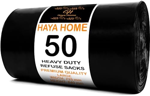 Haya Home 50 Black Plastic Bin Bags Liners, Refuse Sacks Pack of 50 X 1 Heavy Duty Waste Dustbin roll 100L for Kitchen Office DIY Garden Made from 100% Recycled Material