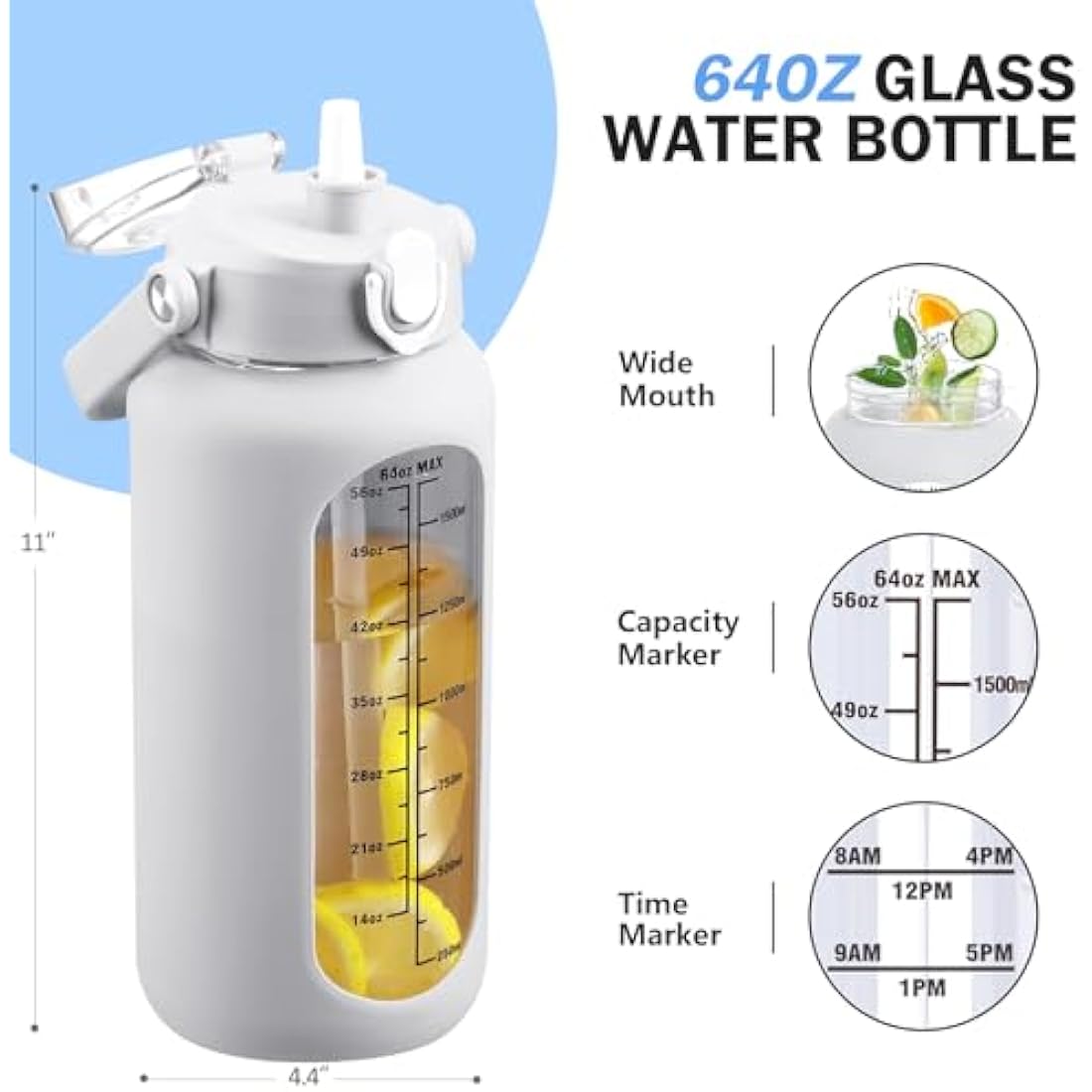 HYDRAGLAZIC 2L Glass Water Bottle with 2 Lids Flip and Chug Lids 2 Liter Large Water Jug with Time Marker and Silicone Sleeve BPA Free Leak-proof for Sports Gym, White