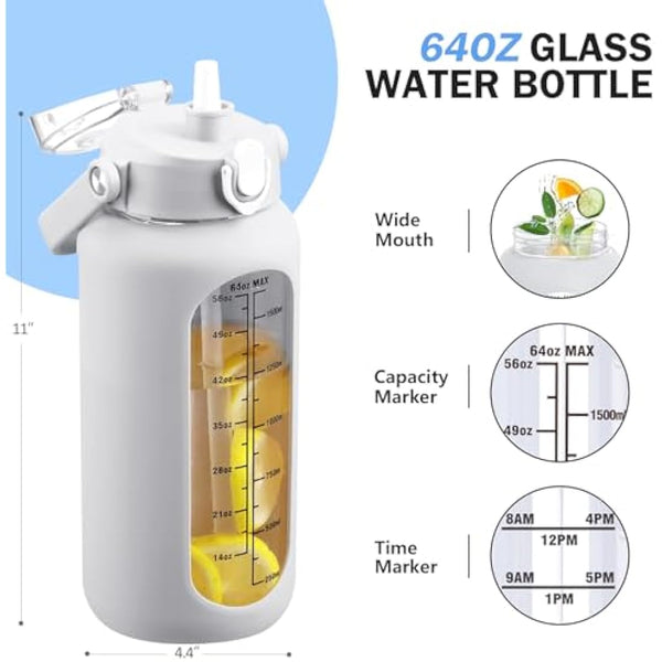 HYDRAGLAZIC 2L Glass Water Bottle with 2 Lids Flip and Chug Lids 2 Liter Large Water Jug with Time Marker and Silicone Sleeve BPA Free Leak-proof for Sports Gym, White
