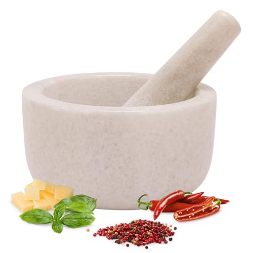 H&S Alliance Mortar and Pestle Set - Premium Stone Pestle and Mortar Grinder - Spice Herb Small Grinder for Kitchen - Pesto Guacamole Maker - 18cm (7.1") Diameter - White Marble
