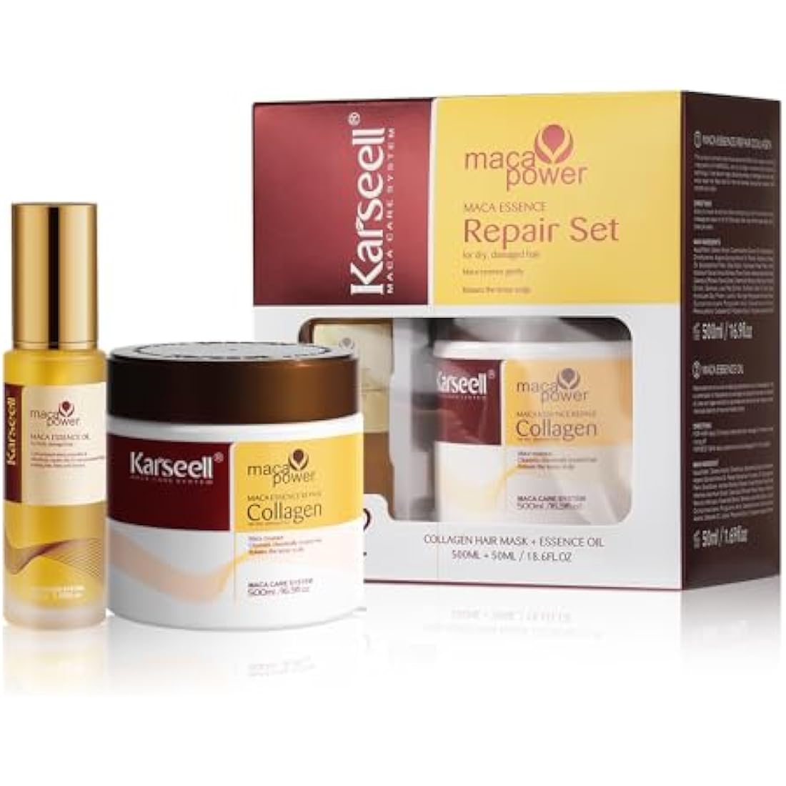 Karseell Collagen Maca Essence Repair Set, Collagen Hair Mask 500ml & Maca Essence Hair Oil 50ml, Argan Oil Hair Treatment for Dry Damaged Hair All Hair Types
