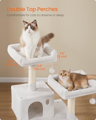 Feandrea Cat Tree, 143 cm Cat Tower for Indoor Cats, Multi-Level Plush Cat Condo with 11 Scratching Posts, Perches, Cave, Hammock, Pompoms, Cream