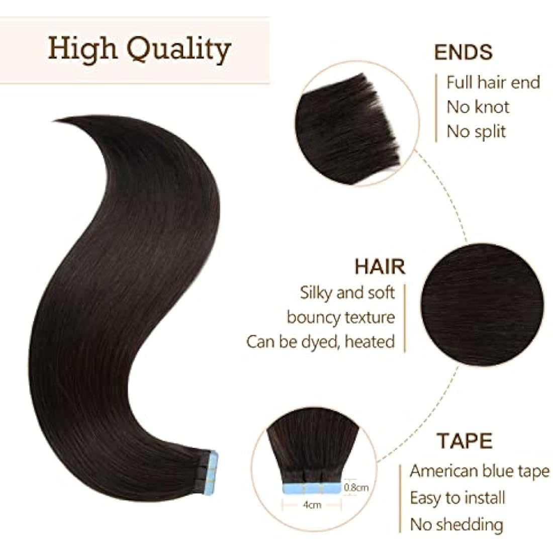 AGMITY Tape in Hair Extensions Human Hair Natural Black 16 inches 20pcs 40Gram Invisible Straight Seamless Skin Weft Remy Tape in Hair Extensions(16 inches #1B Off Black)