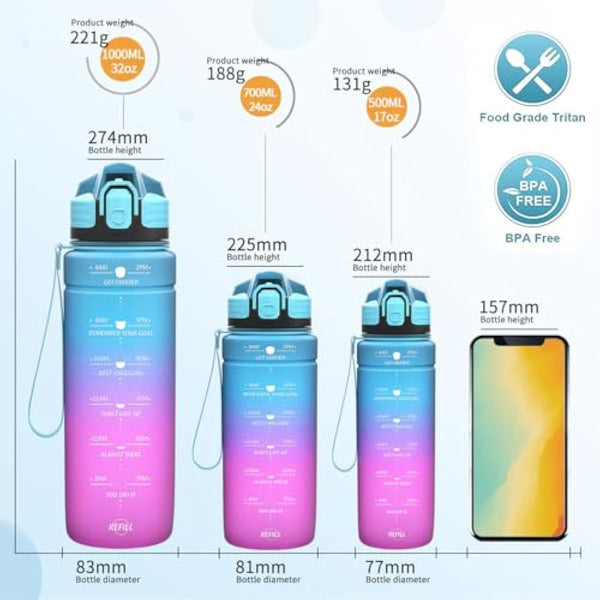 Niggeey 500ml & 700ml & 1000ml Motivational Water Bottle with Time Marker, Sports Water Bottles, Leak Proof BPA Free Tritan Drink Bottle for Kids, Men, Women, Running, Cycling, School, Gym and Sport