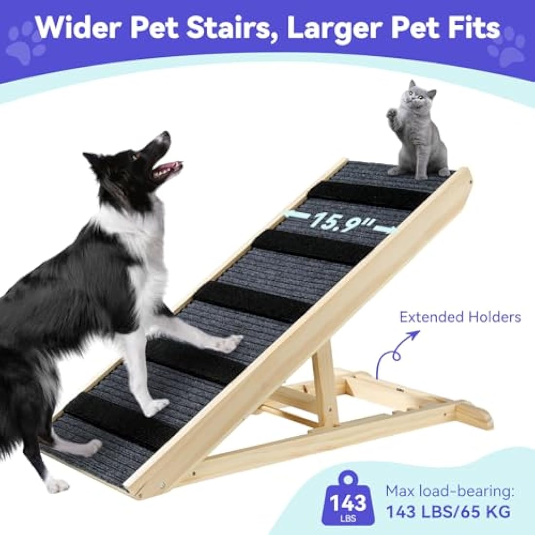Large Dog Ramp for Bed Couch, Extra Wide Portable Wooden Pet Ramp, 4 Adjustable Height from 11.6'' to 22.4'', Pet Step for Small Medium Dog Cat with Non-slip Mat, Up to 143lbs, Use for Car Couch Bed