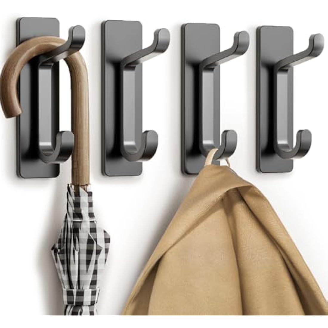 Stick on Hooks for Hanging, Extra Sticky 6KG (Max), Coat Hook on Door for Towel Coat Hat Key, Metal Stainless Heavy Duty, Self Adhesive Hangers Wall Mounted for Bathroom Shower Kitchen, Grey, 4 Pack