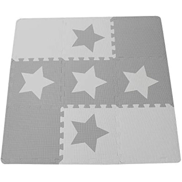 9 Grey Interlocking Foam Baby Play Mat Star Tiles with Edges - Play Mats. Each tile 30 x 30cms. Total 0.9m2.