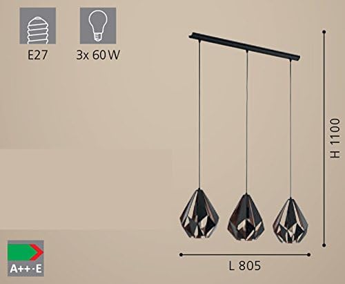 EGLO Carlton 1 pendant light, 3-flame vintage ceiling lamp, retro steel hanging light, Colour: Black, copper, Socket: E27