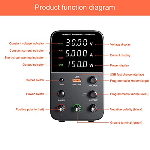 DC power supply (0-30V,0-10A) adjustable, switching power supplies, mini high precision 4-digit display with USB fast charging interface, variable lab bench power supply, output button/encoder knob