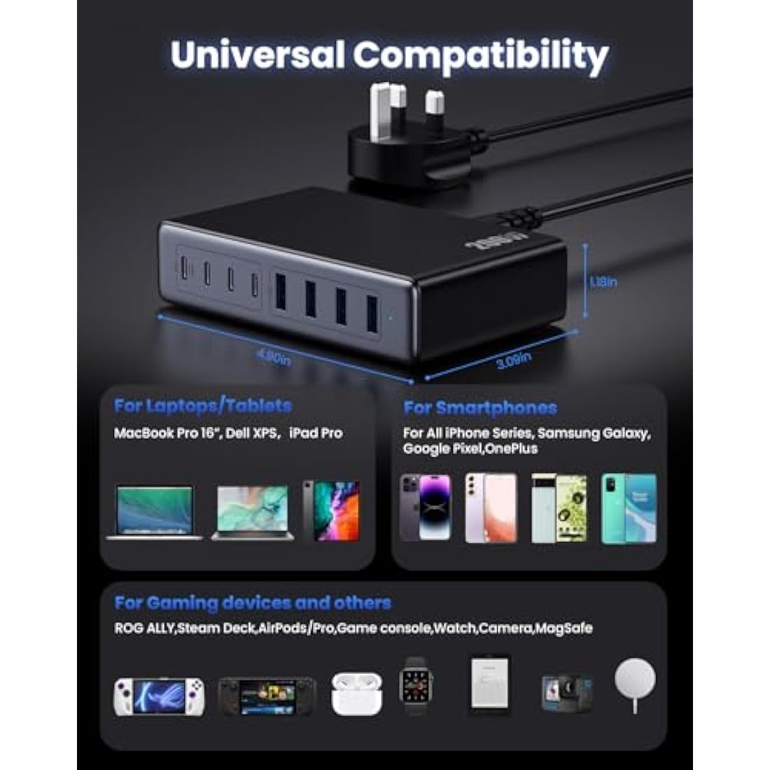 200W USB C Charger Block,GaN III 8-Ports USB C Charging Hub,QC4.0 Fast Phone Charging Station+PD 65W Laptop Charger Compatible with MacBook Pro/Air,DELL,iPhone 16 Pro/15,Galaxy S24/S23,Steam Deck